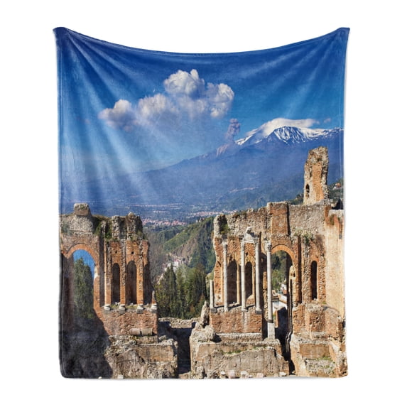 Sicily Soft Flannel Fleece Throw Blanket, Ruins of the Greek Roman Theater with Etna Erupting Landscape Photo Travel Europe, Cozy Plush for Indoor and Outdoor Use, 50" x 60", Multicolor, by Ambesonne