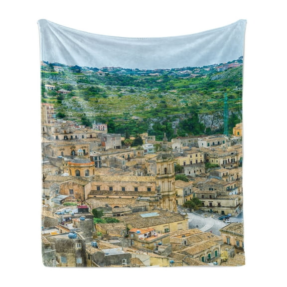 Sicily Soft Flannel Fleece Throw Blanket, Saint George Modica Town Overlooking Photo Italy Panorama, Cozy Plush for Indoor and Outdoor Use, 60" x 80", Multicolor, by Ambesonne