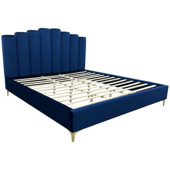 Sicily Velvet Fabric King Platform Bed in Blue
