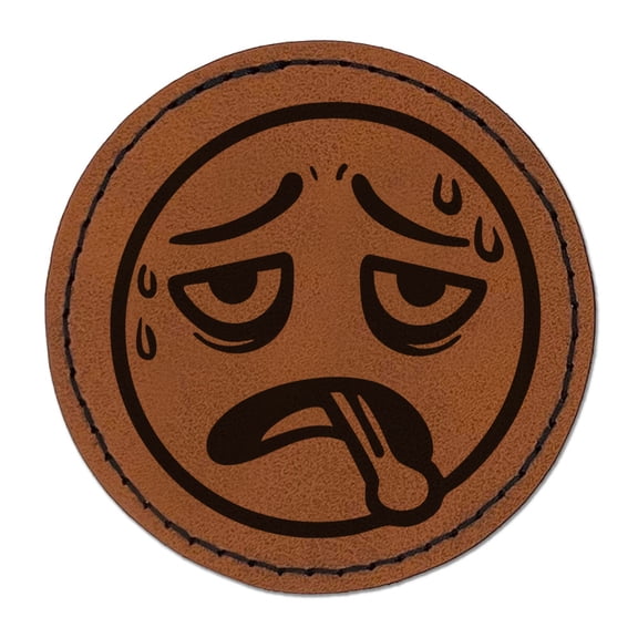 Sick Face Cold Sweat Thermometer Round Iron-On Engraved Faux Leather Patch Applique - 2.5 Inch - Brown