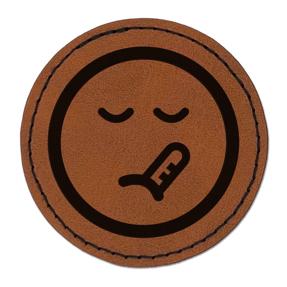 Sick Face Thermometer Emoticon 2.5" Faux Leather Round Engraved Iron-On Patch - Brown