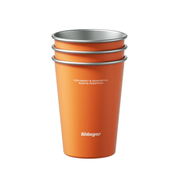 Sidagar 12 oz Stainless Steel Cups Metal Shatterproof Stackable Pint Drinking Glasses, 3 Pack Orange