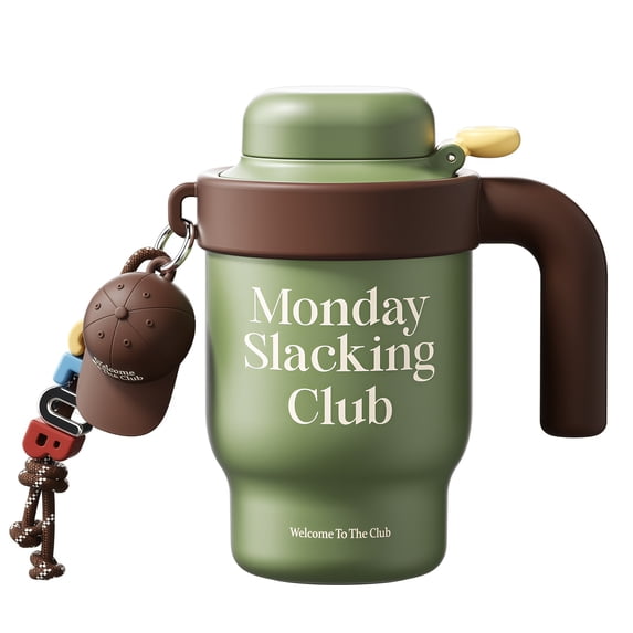 Sidagar 20 oz Ceramic Lined Insulated Tumbler with One-Touch Lid, Straw and Handle, Monday Slacking Club, Olive Green Brown