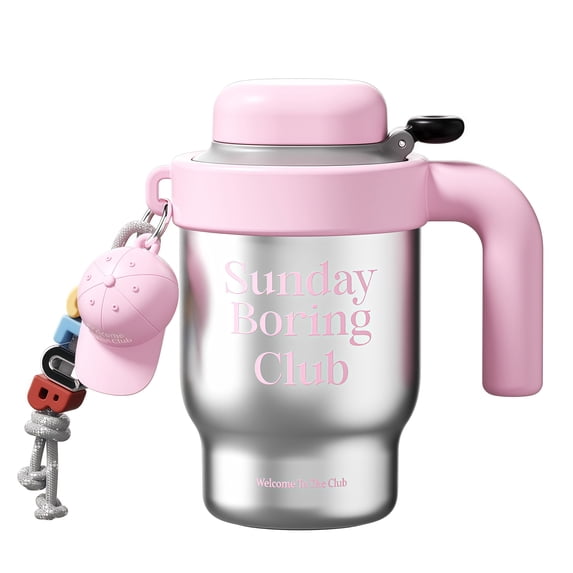 Sidagar 20 oz Ceramic Lined Insulated Tumbler with One-Touch Lid, Straw and Handle, Sunday Boring Club, Silver Pink