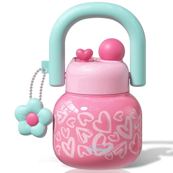 Sidagar 22 oz Vacuum Insulated Water Bottle with Straw and Carry Handle, Leakproof, Love Heart