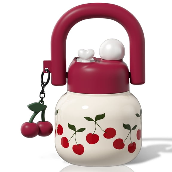 Sidagar 22 oz Red Cherry Stainless Steel Insulated Water Bottle with Straw and Handle