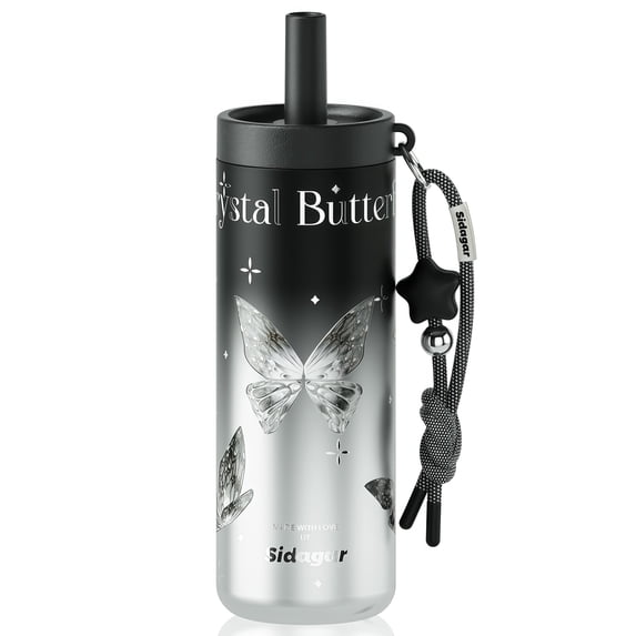 Sidagar 24 oz Ceramic Lined Insulated Water Bottle with Straw and Carry Strap, Black Butterfly