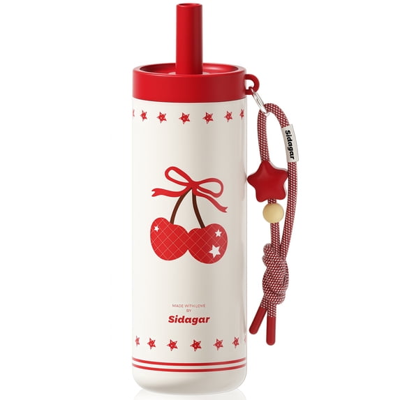 Sidagar 24 oz Ceramic Lined Insulated Water Bottle with Straw and Carry Strap, Cherry Red