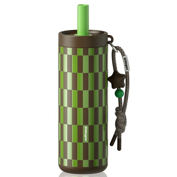 Sidagar 24 oz Ceramic Lined Insulated Water Bottle with Straw and Carry Strap, Green Brown Checker