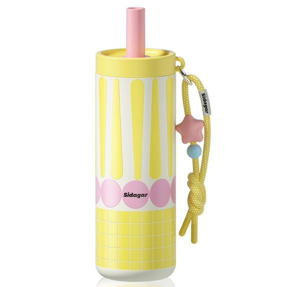 Sidagar 24 oz Ceramic Lined Insulated Water Bottle with Straw and Carry Strap, Pastel Yellow