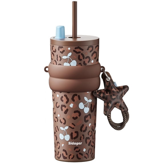 Sidagar 24 oz Insulated Tumbler with Straw and Strap, Stainless Steel Travel Mug For Women, Leopard Brown