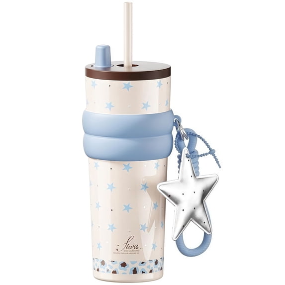 Sidagar 24 oz Insulated Tumbler with Straw and Strap, Stainless Steel Travel Mug For Women, Leopard Star Pattern