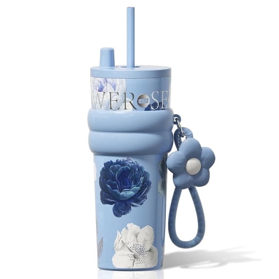 Sidagar 24 oz Leakproof Stainless Steel Vacuum Insulated Ceramic Lined Tumbler with Straw Lid, Floral Blue