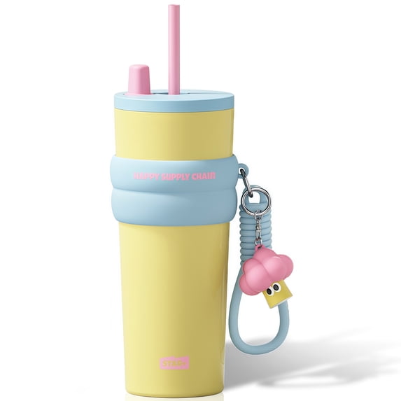 Sidagar 24oz Ceramic Coated Stainless Steel Double-Walled Travel Mugs, Leak Resistant Straw Lid, Yellow
