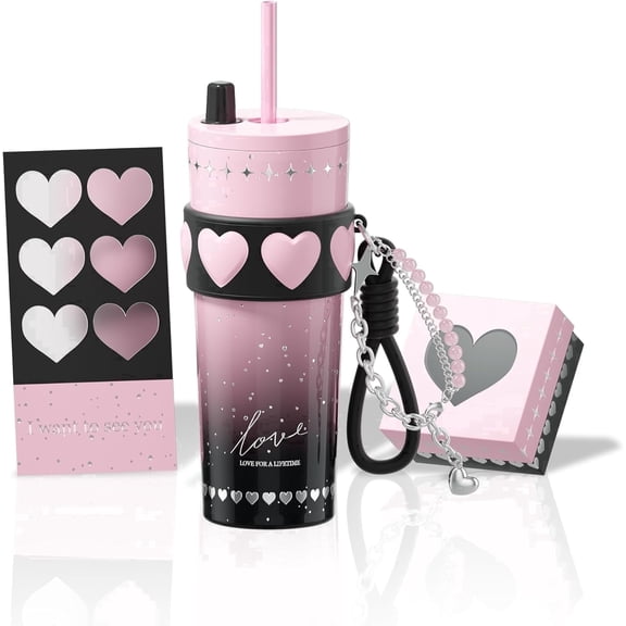 Sidagar 24 oz Gift Travel Mug for Women and Couples Stainless Steel Double-Walled Tumbler with Straw Lid, Pink