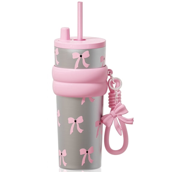Sidagar 24 oz Pink Bow Double-Walled Leak-Resistant Lid with Straw Stainless Steel Tumbler