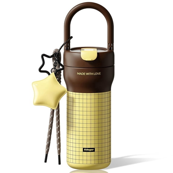 Sidagar 25 fl oz Stainless Steel Insulated Water Bottle with Handle, Leakproof Straw Lid, Yellow Checked