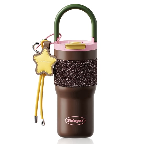 Sidagar 26 fl oz Ceramic Lined Stainless Steel Insulated Tumbler with Top Handle, Spill Proof Straw Lid, Brown