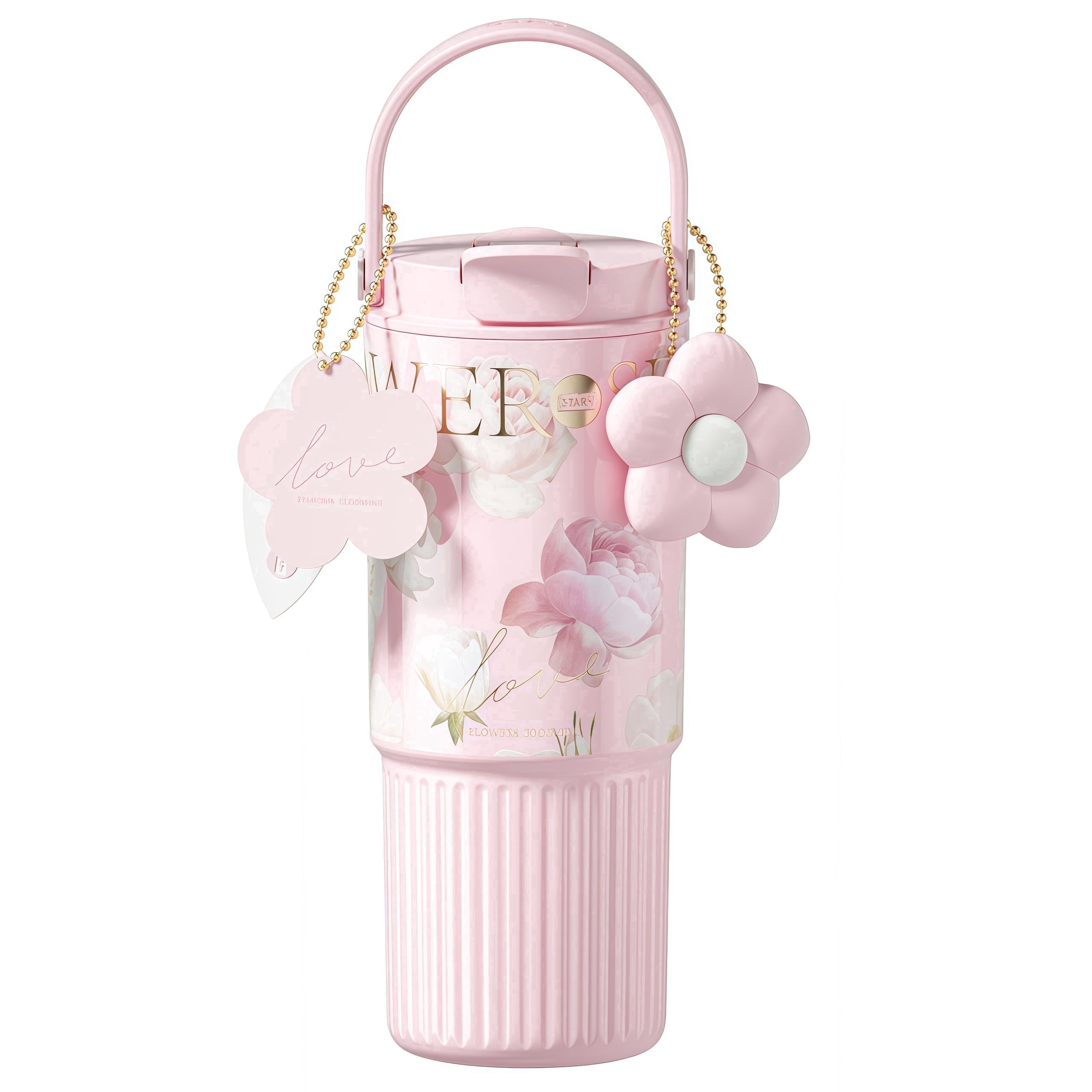 Sidagar 26 fl oz Stainless Steel Insulated Water Bottle with Handle, Leakproof Straw Lid, Floral Pink