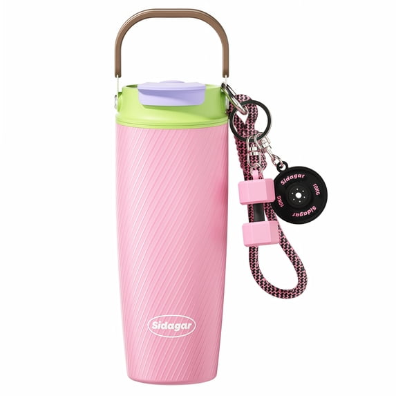 Sidagar 30 oz Insulated Water Bottle with Straw, Dual Drinking Lid and Carry Handle, Stainless Steel Travel Tumbler, Pink