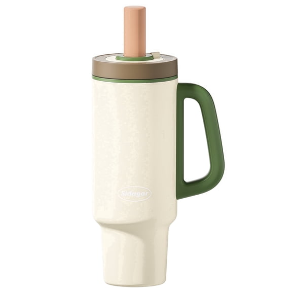 Sidagar 36 oz Stainless Steel Vacuum Insulated Ceramic Lined Tumbler with Straw and Handle, Cream Sprout White