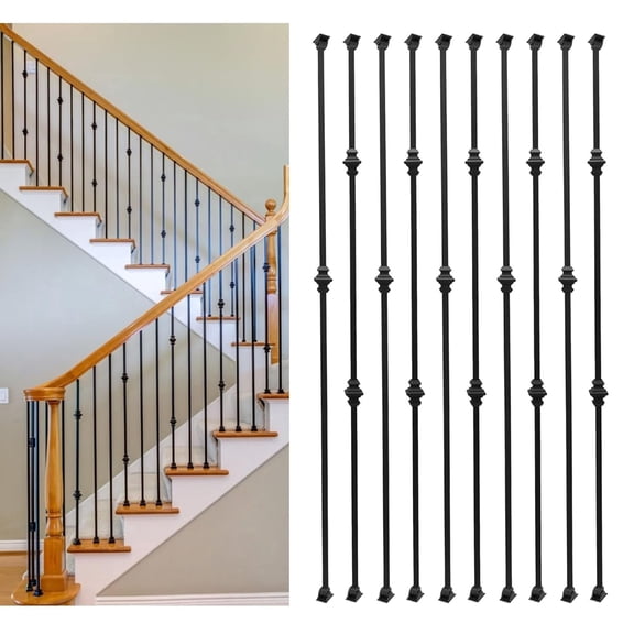 Sidasu 10 Pack Wrought Iron Balusters for Staircase Interior, 1/2” Square Hollow Iron Stair Spindles with Single & Double Knuckle, Black Metal Railing Stair Balusters with 20 Swivel Shoes