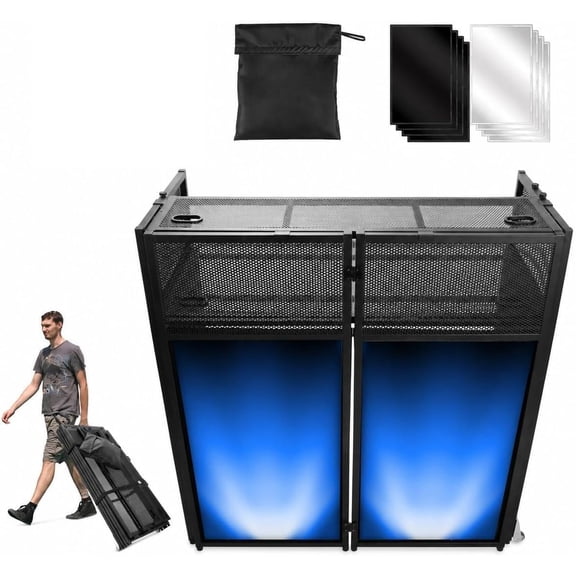 Sidasu 2-Tier Portable DJ Booth Table, 43.3" H x 38.5" L Metal DJ Stand Black and White ScrimsDual-Layer Design, Portable Setup, Foldable DJ Facade with Wheels