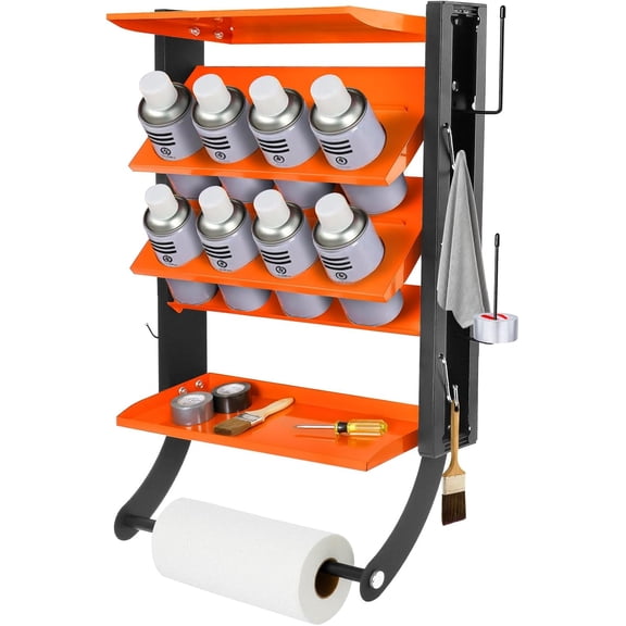 Sidasu 2-Tier Spray Paint Can Holder Rack Wall-Mount, Heavy Duty Spray Bottle Lube Can Organizer, 8 Can Storage Rack with Paper Towel Rod, Ideal for Garage/Workshop/Home,Orange