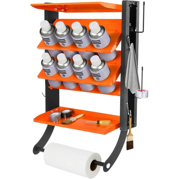 Sidasu 2-Tier Spray Paint Can Holder Rack Wall-Mount, Heavy Duty Spray Bottle Lube Can Organizer, 8 Can Storage Rack with Paper Towel Rod, Ideal for Garage/Workshop/Home,Orange