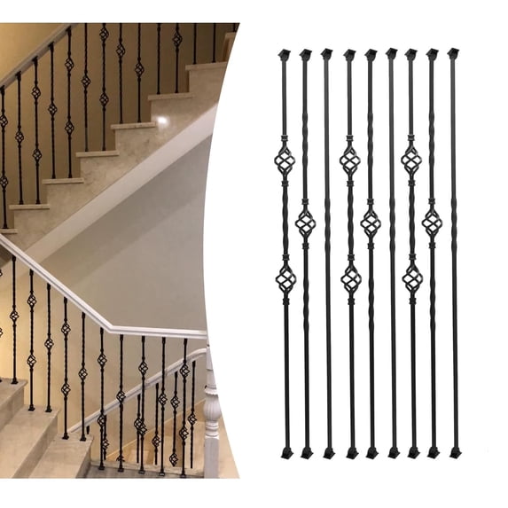 9 Pack Iron Balusters,Hollow Double Basket Iron Spindles Hollow Single Basket Staircase Balusters Single Twist 1/2" Square Stair Balusters with 18 Swivel Shoes