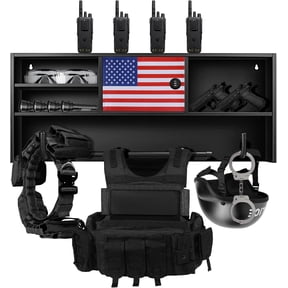Sidasu Tactical Police Gear Rack Wall-Mounted Metal Organizer with Lockable Safe & Dual American Flags Ideal for Law Enforcement Equipment Storage