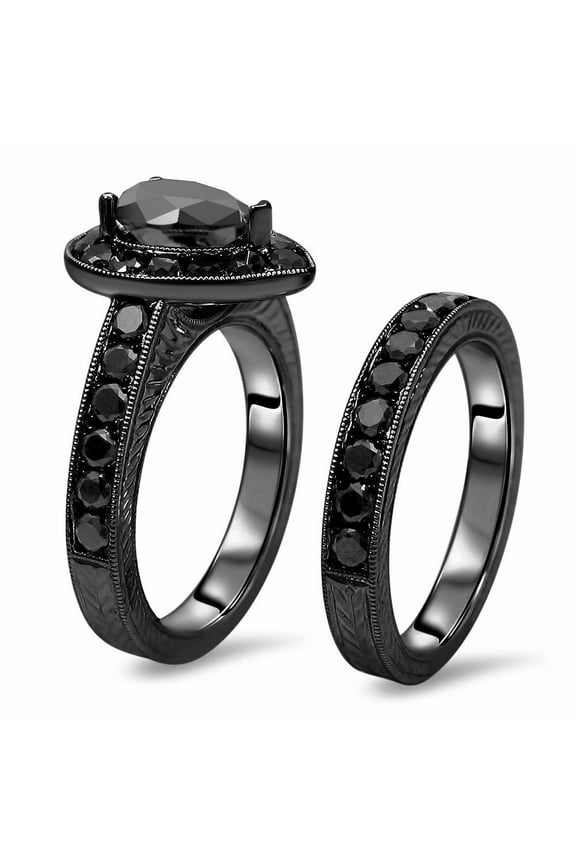 3Ct Pear Cut Black Diamond Wedding Ring Set in 14K Black Gold