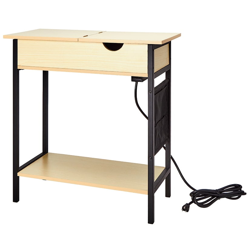 Natural Wood and Black Metal Side Table with Outlet