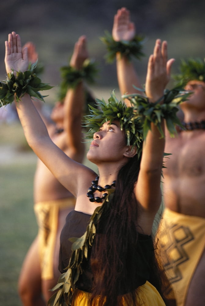 Side Angle Of Hula Dancers Kahiko All With Arms Raised Looking Upward Canvas Art - Allan Seiden  Design Pics (24 x 38)