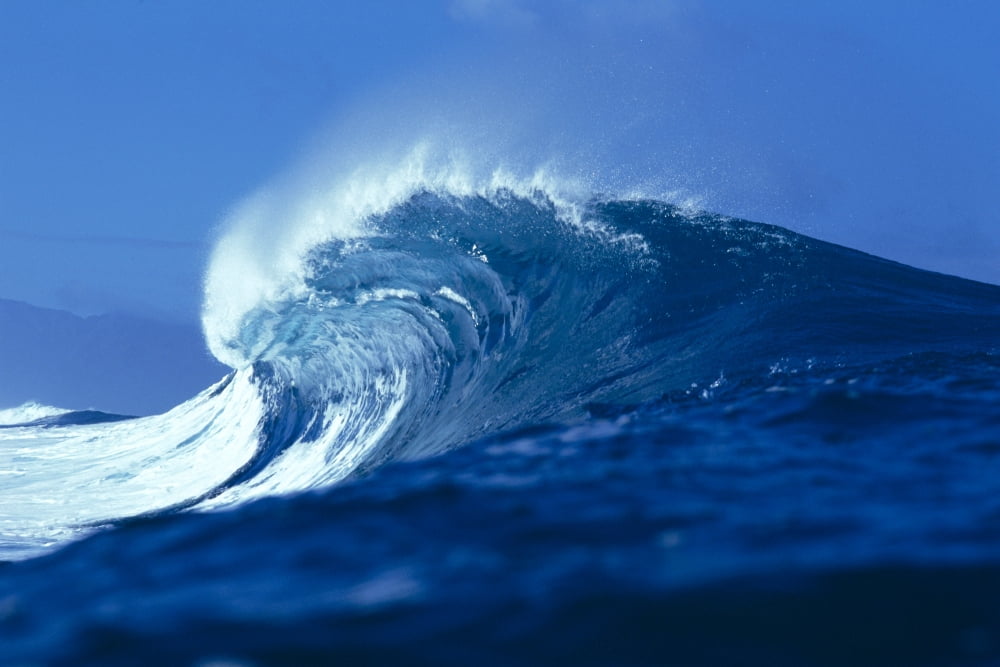 Side Angled View Of Big Blue Wave Curling With Spray Blue Skies In Background Canvas Art - Vince Cavataio Design Pics (38 x 24)