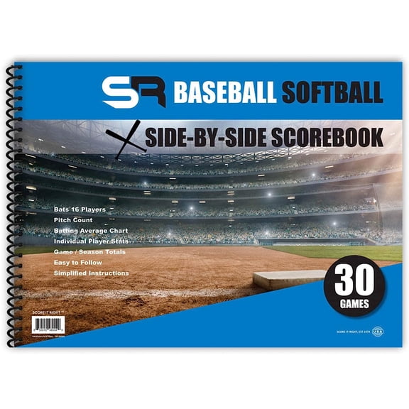 Side By Baseball/Softball Scorebook  Premium Score Keeping Book 16 Player - 30 Game with Pitch Count, Individual Stats, Batting Average Chart 11.5" x 16"