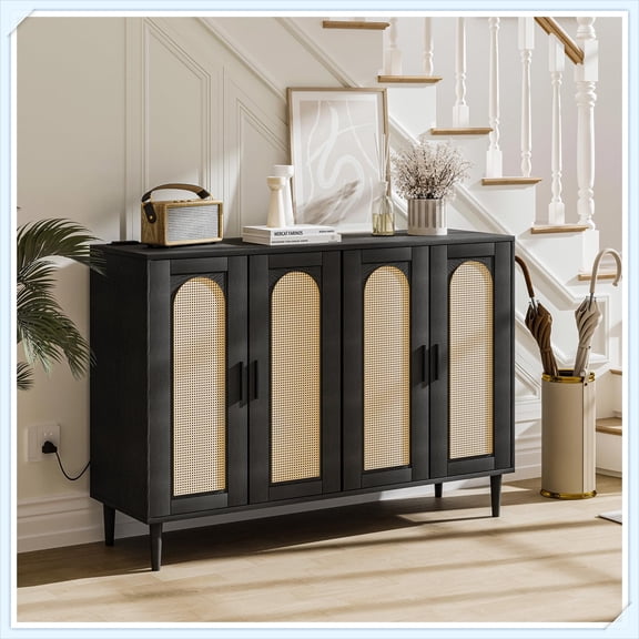 Side Board Accent Buffet with Power Outlet, Adjustable Shelves, 4 Doors, for Dining Room, Kitchen, Hallway
