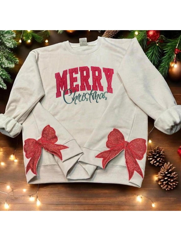 Side Bow Merry Christmas Embroidered Side Bow Side Bow Applique Christmas Bow, Sweatshirt
