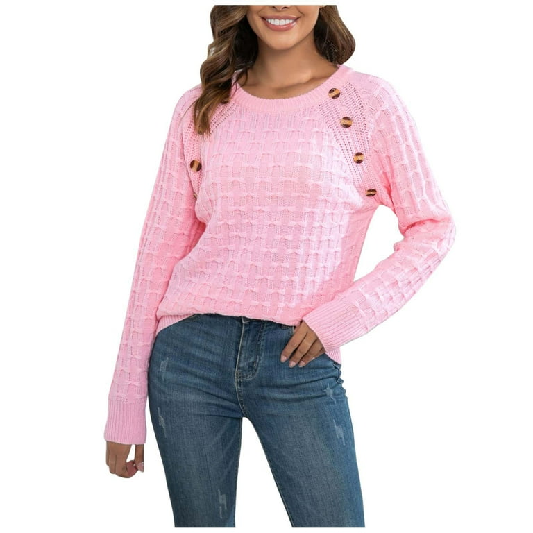 Black and Friday Deals Side Button Knitted Sweaters for Women Long Sleeve Round Neck Tunic Solid Color Pullover Trendy Jumpers Casual Cozy Tops