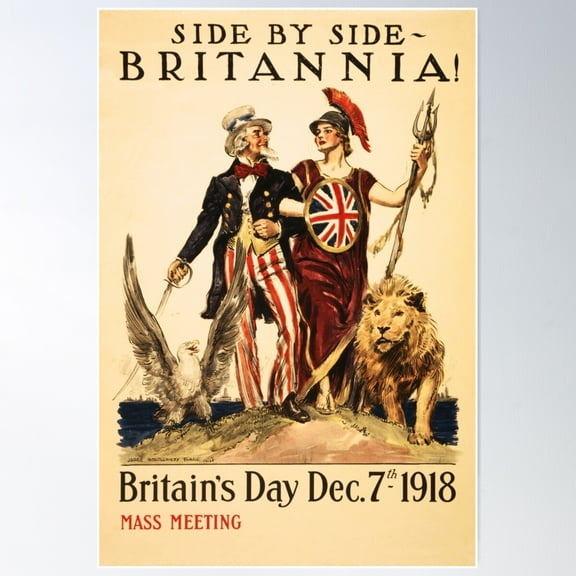 Side By Side Britannia! 1918 American Britain World War Propaganda Poster Wall Art, Modern Wall Decor For Living Room Bedroom, 12x18 UNFRAMED