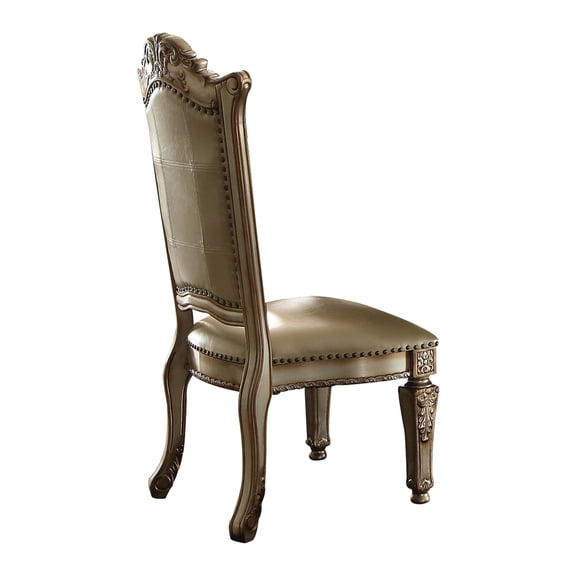 Side Chair Of 2, Gold Patina, Faux Leather, Intricate 2 Chairs In Padded Seat, Molded Seat Apron