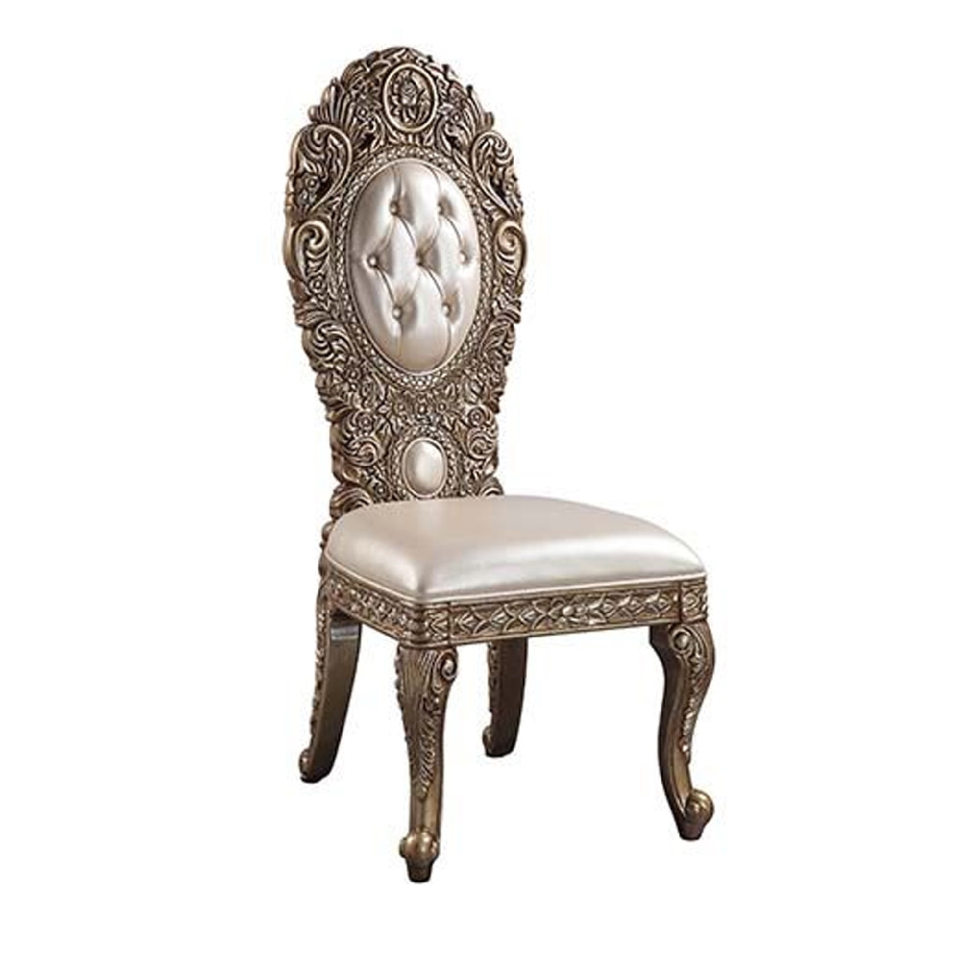 Regal Brown Leatherette Upholstered Side Chair with Ornate Carvings
