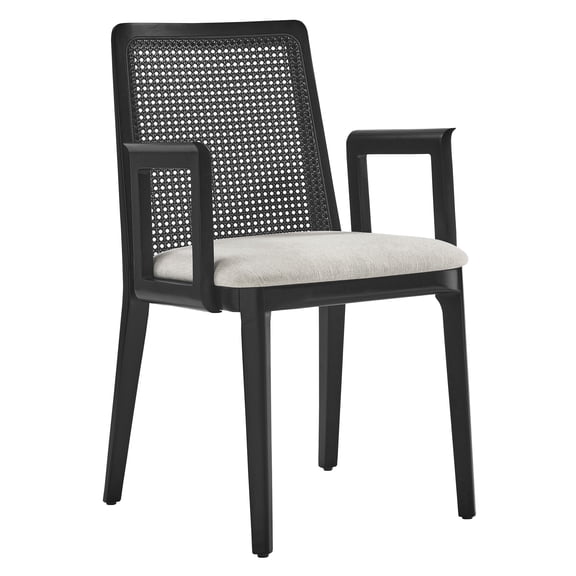 Side Dining Chair Armchair, Ivory White, Fabric, Wood, Rattan, Bar Pub Cafe Bistro Dining Kitchen Hospitality Restaurant, Modern Contemporary, HB37087