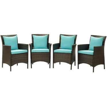 Side Dining Chair Armchair, Set of 4, Rattan, Wicker, Brown Blue, Modern Contemporary Urban Design, Outdoor Patio Balcony Cafe Bistro Garden Furniture Hotel Hospitality