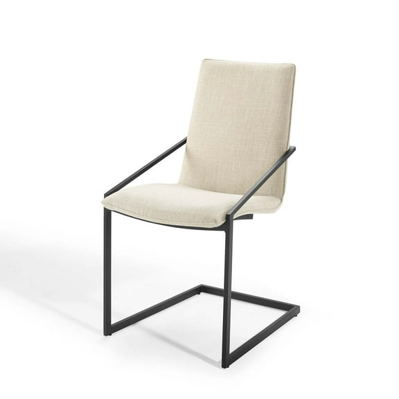 Side Dining Chair, Fabric, Metal Steel, Black Beige, Modern Contemporary Urban Design, Kitchen Room Cafe Bistro Restaurant Hospitality