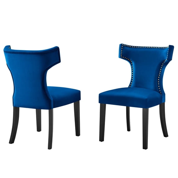 Side Dining Chair, Nailhead, Set of 2, Blue Navy, Velvet, Modern Contemporary, Kitchen Room Cafe Bistro Restaurant Hospitality