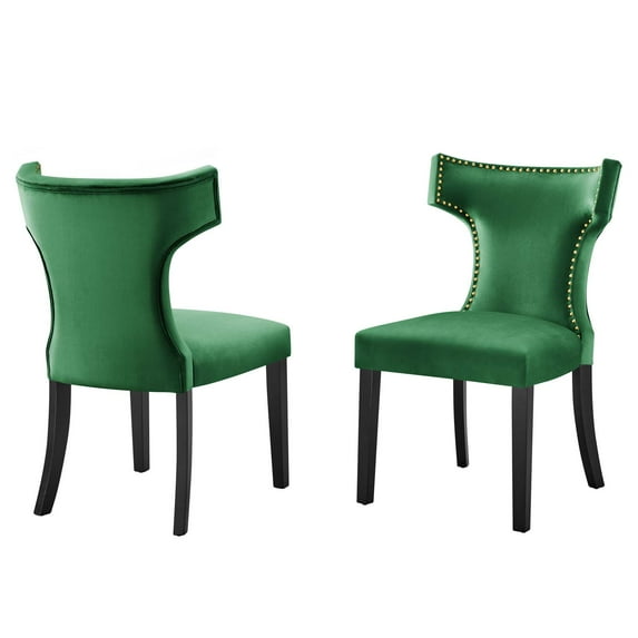 Side Dining Chair, Nailhead, Set of 2, Green, Velvet, Modern Contemporary, Kitchen Room Cafe Bistro Restaurant Hospitality