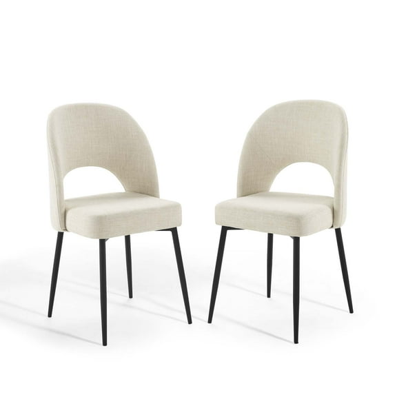 Side Dining Chair, Set of 2, Fabric, Metal Steel, Black Beige, Modern Contemporary Urban Design, Kitchen Room Cafe Bistro Restaurant Hospitality