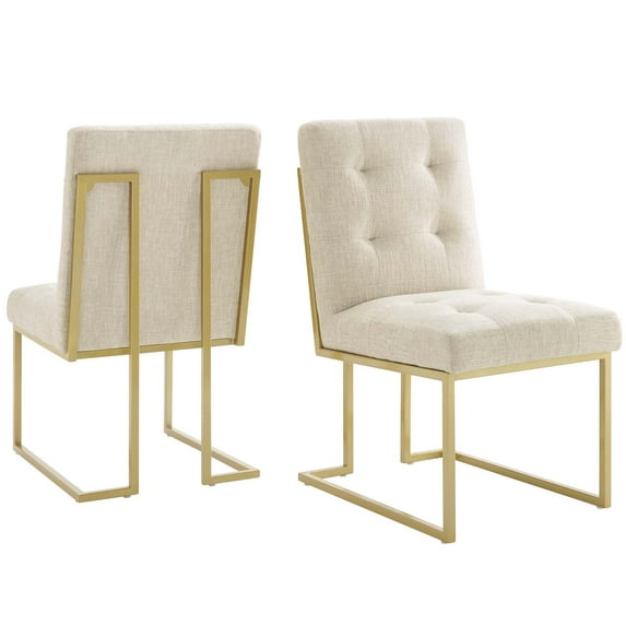 Side Dining Chair, Set of 2, Fabric, Metal Steel, Gold Beige, Modern Contemporary Urban Design, Kitchen Room Cafe Bistro Restaurant Hospitality