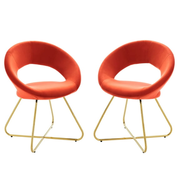 Side Dining Chair, Set of 2, Gold Orange, Velvet, Modern Contemporary, Kitchen Room Cafe Bistro Restaurant Hospitality